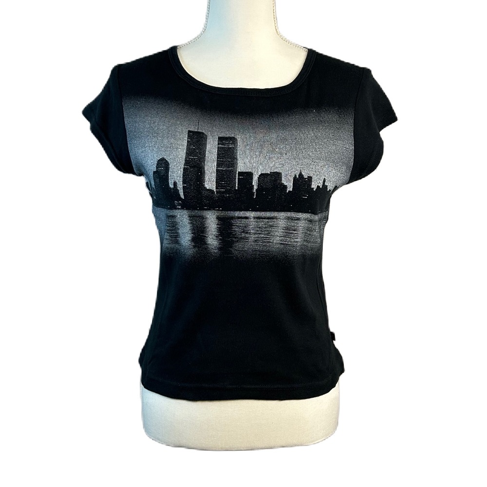 Self Esteem Vintage Y2K Womens NYC Baby Tee L Twin Towers Skyline Glitter Black